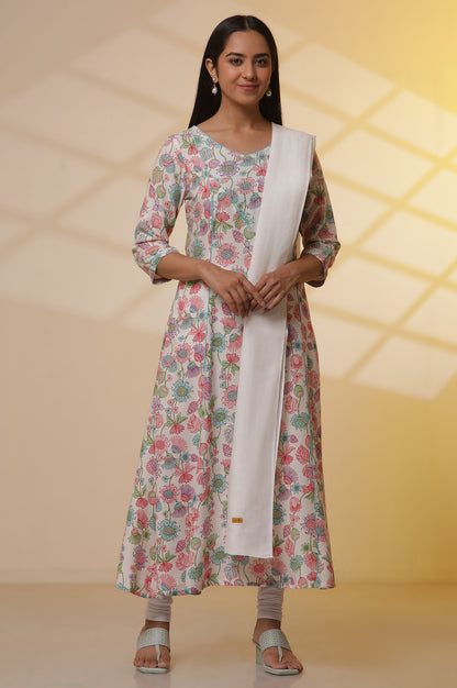 White Floral Printed Flared Kurta, Tights and Dupatta Set