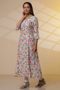 White Floral Printed Flared Kurta, Tights and Dupatta Set