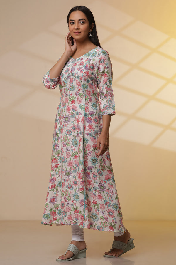 White Floral Printed Flared Kurta, Tights and Dupatta Set