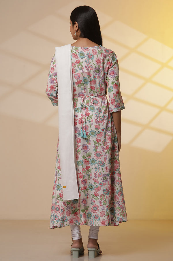White Floral Printed Flared Kurta, Tights and Dupatta Set