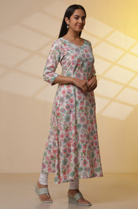 White Floral Printed Flared Kurta, Tights and Dupatta Set