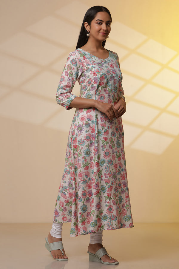 White Floral Printed Flared Kurta, Tights and Dupatta Set
