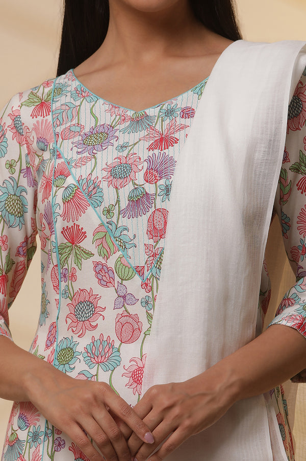 White Floral Printed Flared Kurta, Tights and Dupatta Set