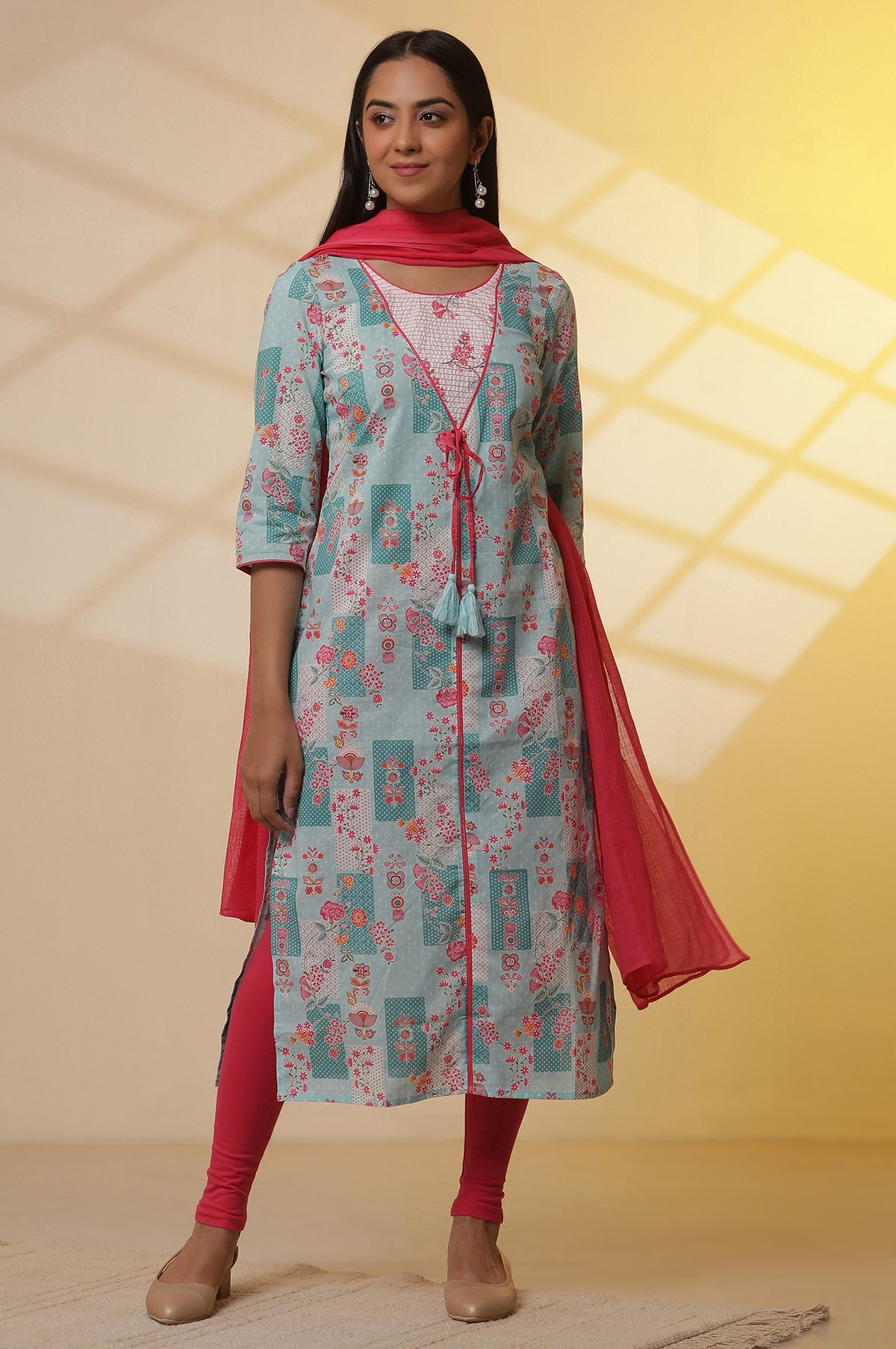 Elleven Women's Blue Floral Printed Kurta, Tights and Dupatta Set - XS