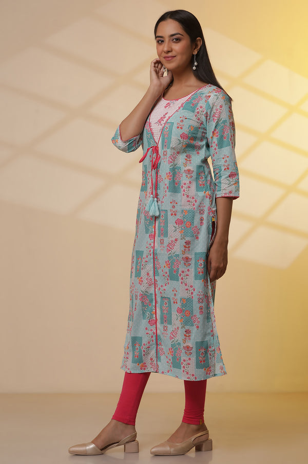 Elleven Women's Blue Floral Printed Kurta, Tights and Dupatta Set
