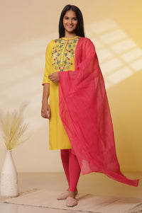 Mustard-Yellow-Embroidered-Kurta,-Tights-with-Dupatta-Set