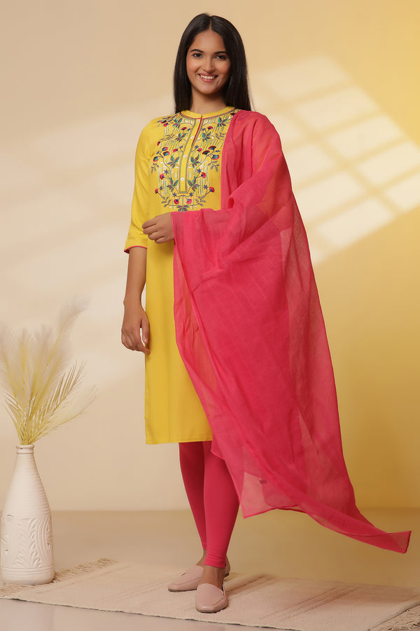 Mustard Yellow Embroidered Kurta, Tights with Dupatta Set