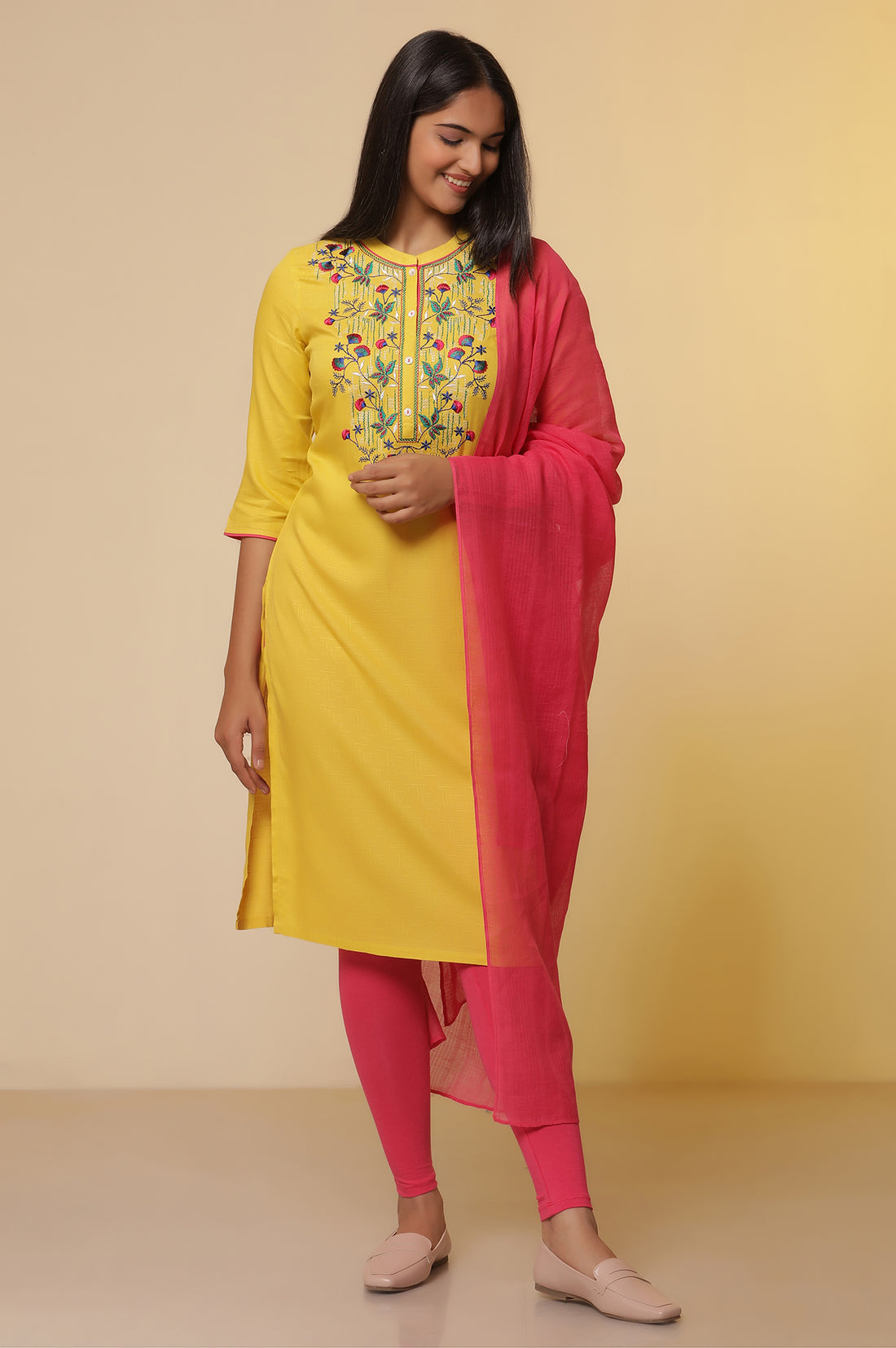 Mustard-Yellow-Embroidered-Kurta,-Tights-with-Dupatta-Set