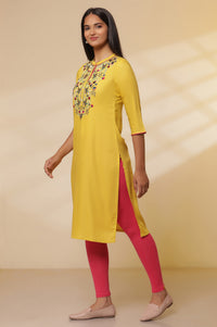 Mustard-Yellow-Embroidered-Kurta,-Tights-with-Dupatta-Set