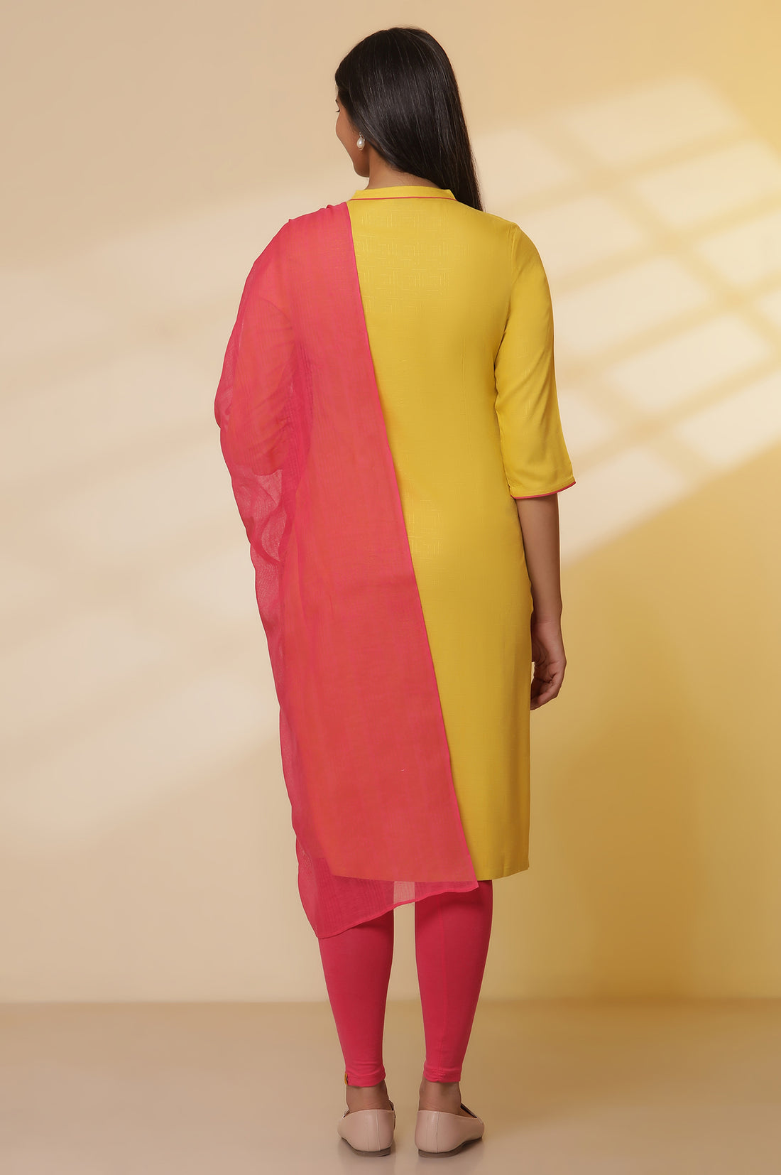 Mustard-Yellow-Embroidered-Kurta,-Tights-with-Dupatta-Set