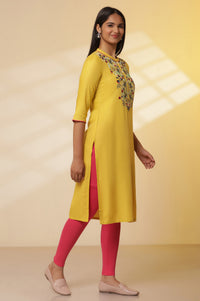 Mustard-Yellow-Embroidered-Kurta,-Tights-with-Dupatta-Set