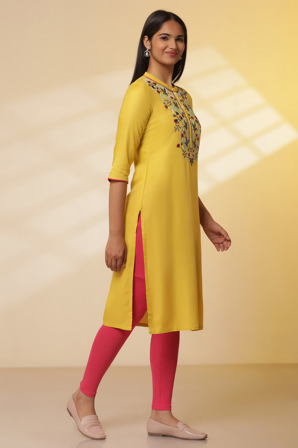 Mustard Yellow Embroidered Kurta, Tights with Dupatta Set
