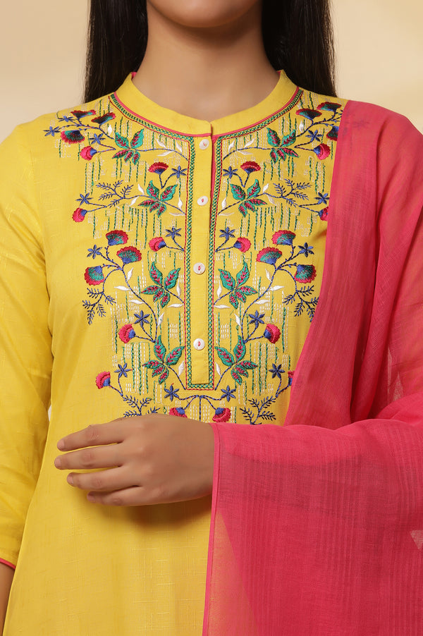 Mustard Yellow Embroidered Kurta, Tights with Dupatta Set