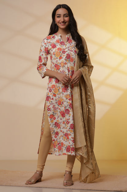 White Floral Printed Kurta, Pants and Dupatta Set