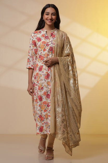 White Floral Printed Kurta, Pants and Dupatta Set