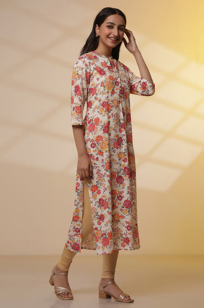 White Floral Printed Kurta, Pants and Dupatta Set