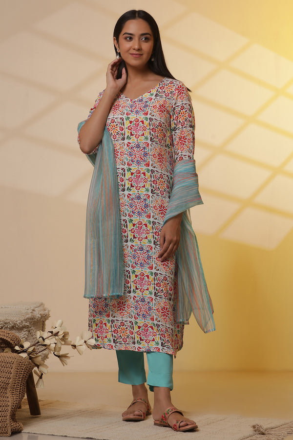 Multi-coloured Printed Kurta, Pants and Dupatta Set