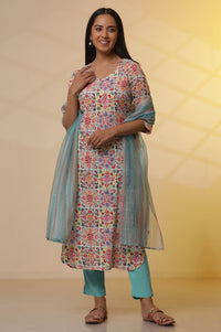 Multi-coloured Printed Kurta, Pants and Dupatta Set