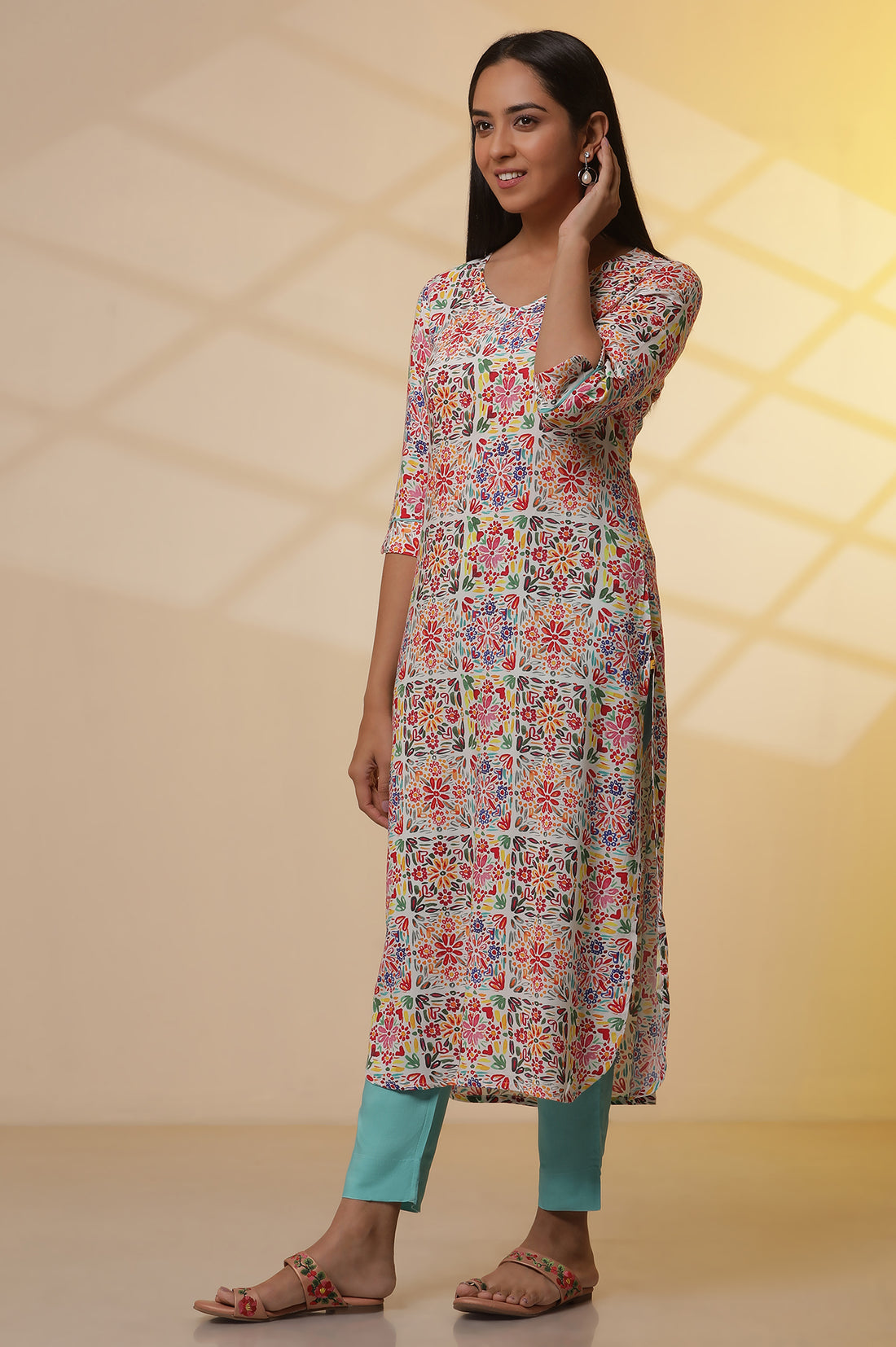 Multi-coloured Printed Kurta, Pants and Dupatta Set