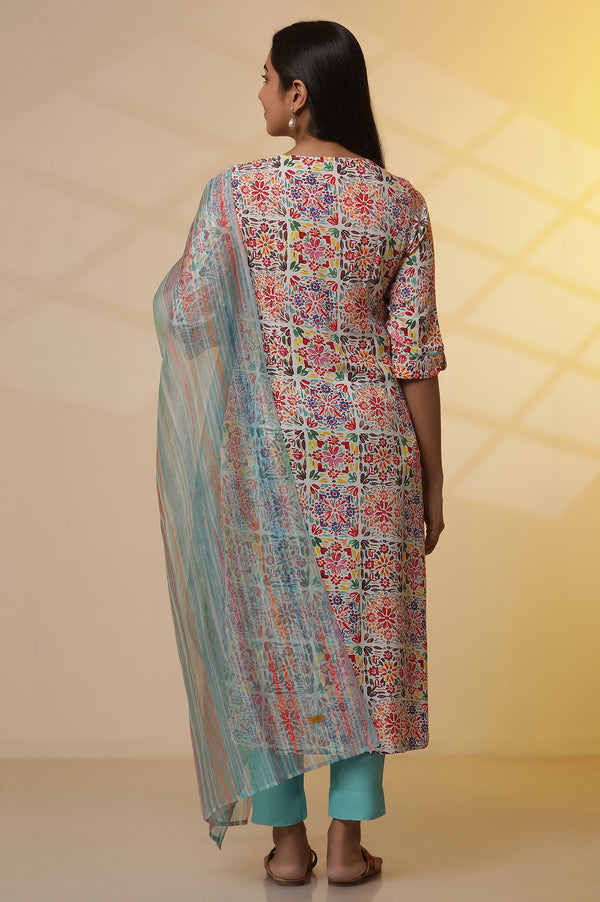 Multi-coloured Printed Kurta, Pants and Dupatta Set