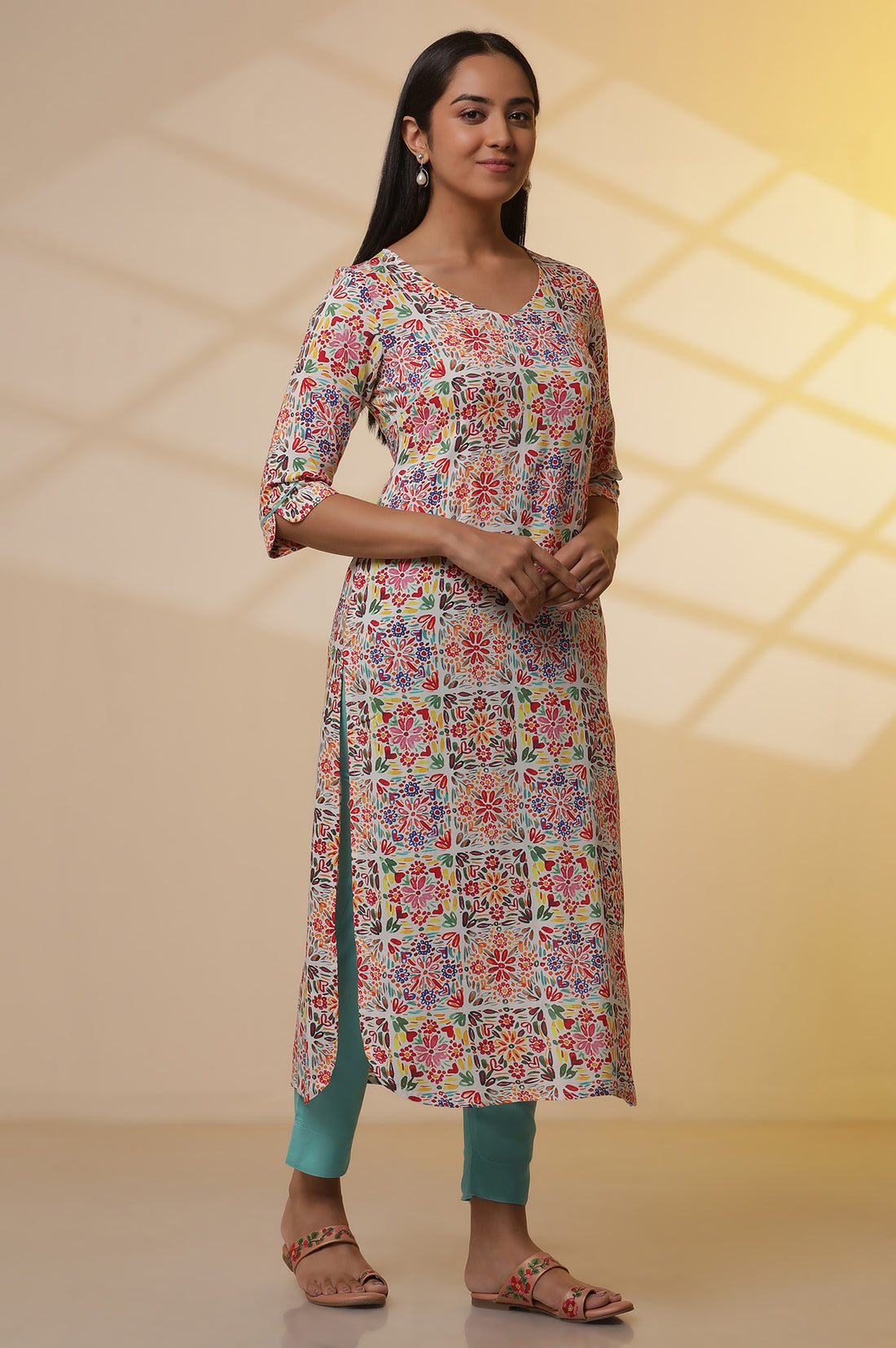 Multi-coloured Printed Kurta, Pants and Dupatta Set