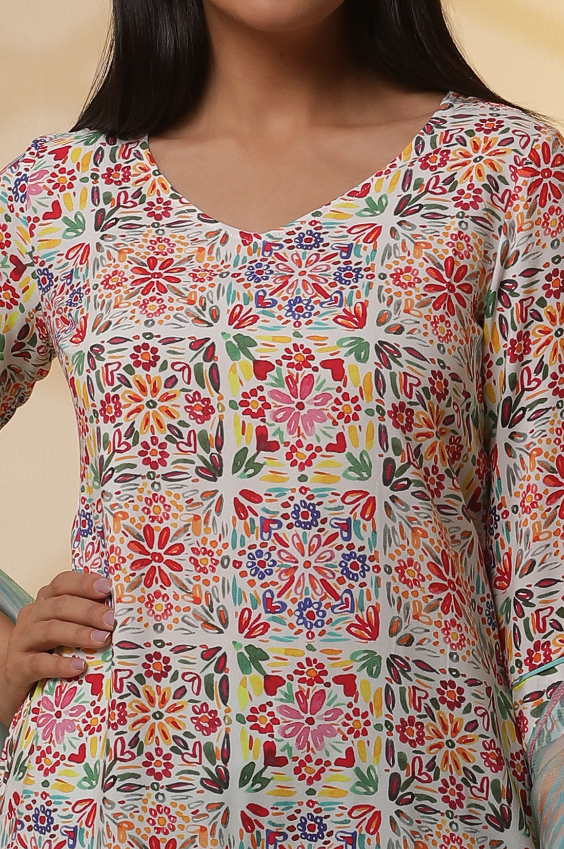 Multi-coloured Printed Kurta, Pants and Dupatta Set