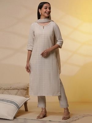 Beige Yarn-Dyed Checker Kurta, Pants and Dupatta Set