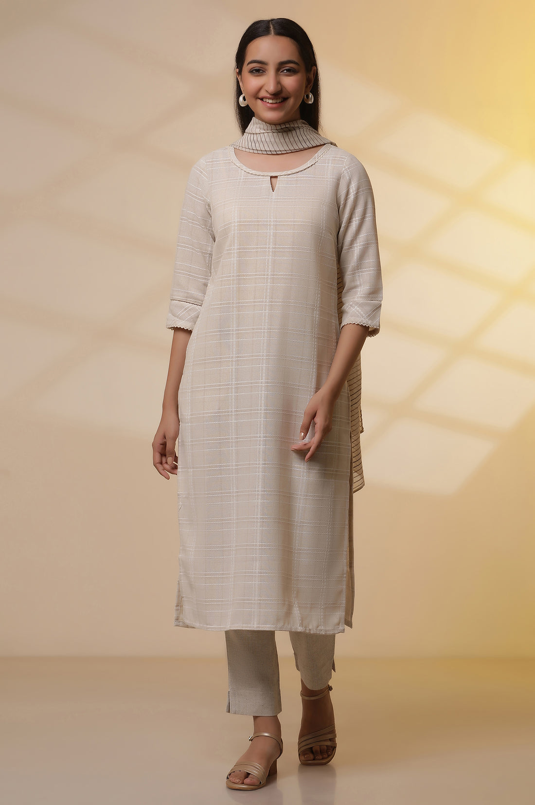 Beige Yarn-Dyed Checker Kurta, Pants and Dupatta Set