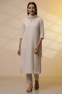 Beige Yarn-Dyed Checker Kurta, Pants and Dupatta Set