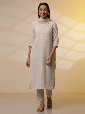 Beige Yarn-Dyed Checker Kurta, Pants and Dupatta Set