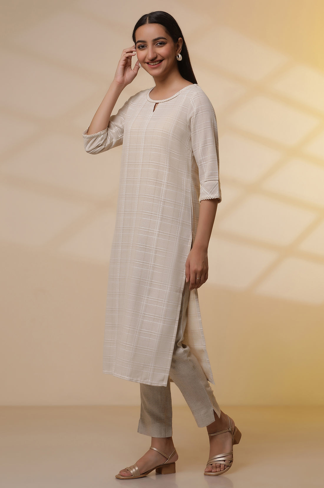 Beige Yarn-Dyed Checker Kurta, Pants and Dupatta Set