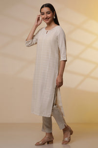 Beige Yarn-Dyed Checker Kurta, Pants and Dupatta Set