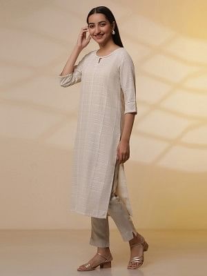 Beige Yarn-Dyed Checker Kurta, Pants and Dupatta Set