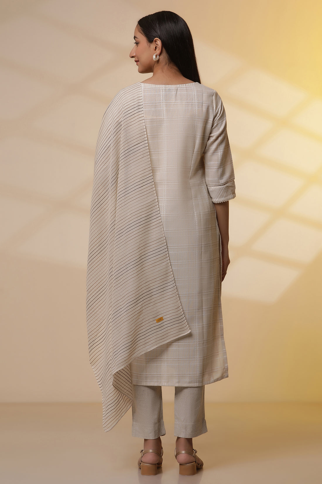 Beige Yarn-Dyed Checker Kurta, Pants and Dupatta Set