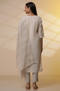Beige Yarn-Dyed Checker Kurta, Pants and Dupatta Set
