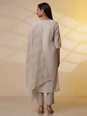 Beige Yarn-Dyed Checker Kurta, Pants and Dupatta Set