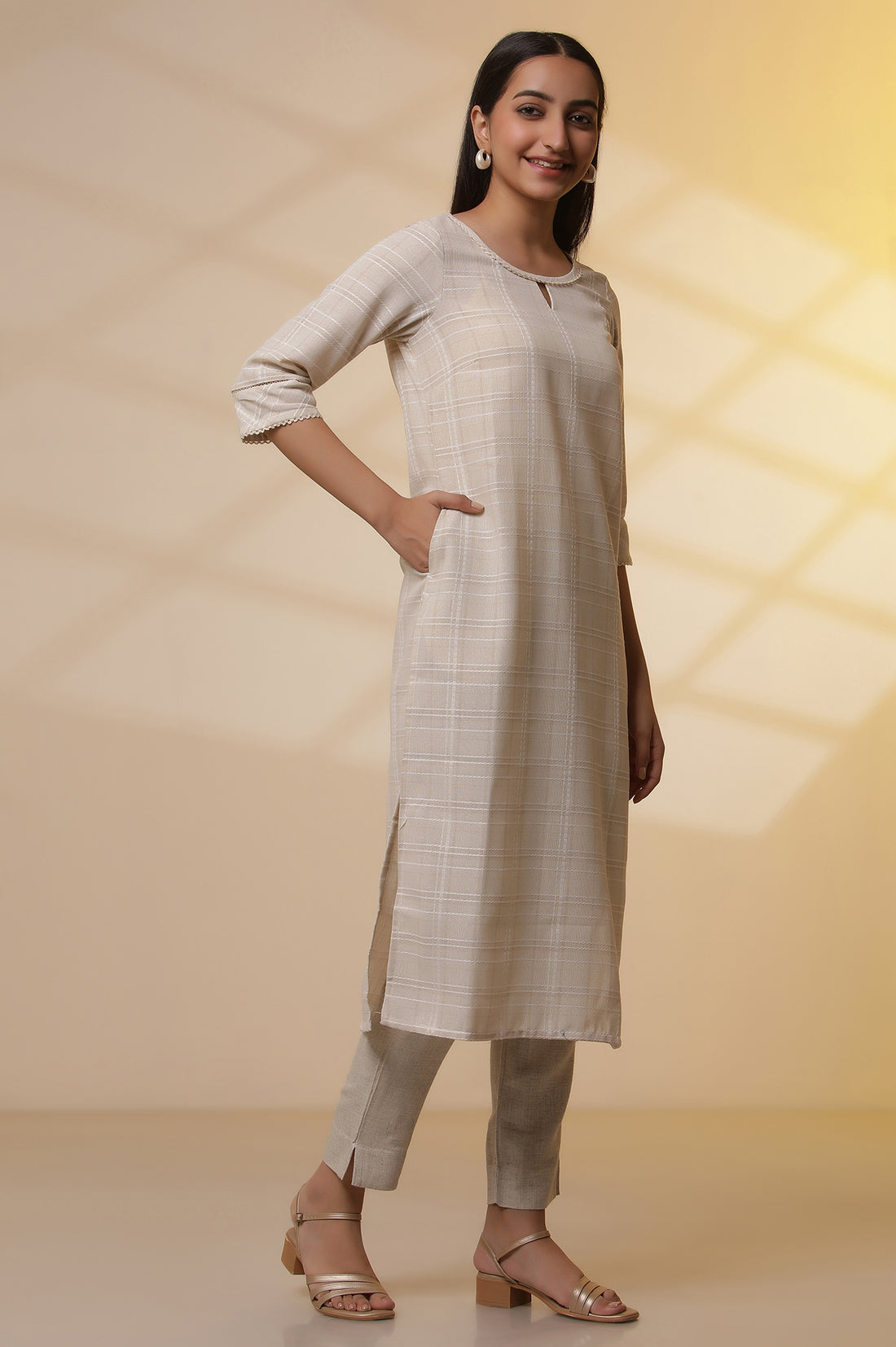 Beige Yarn-Dyed Checker Kurta, Pants and Dupatta Set