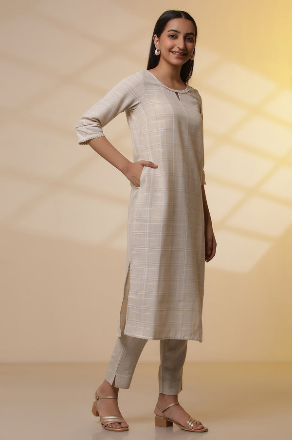Beige Yarn-Dyed Checker Kurta, Pants and Dupatta Set