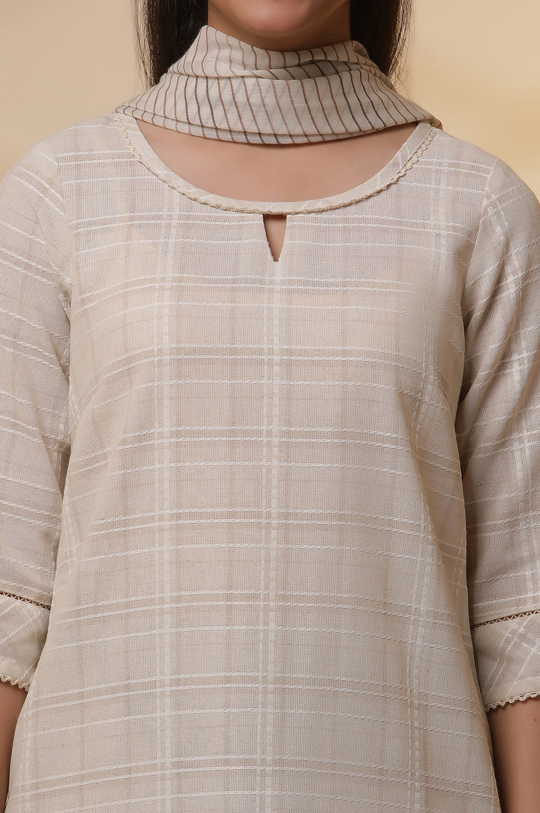 Beige Yarn-Dyed Checker Kurta, Pants and Dupatta Set