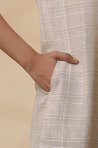 Beige Yarn-Dyed Checker Kurta, Pants and Dupatta Set