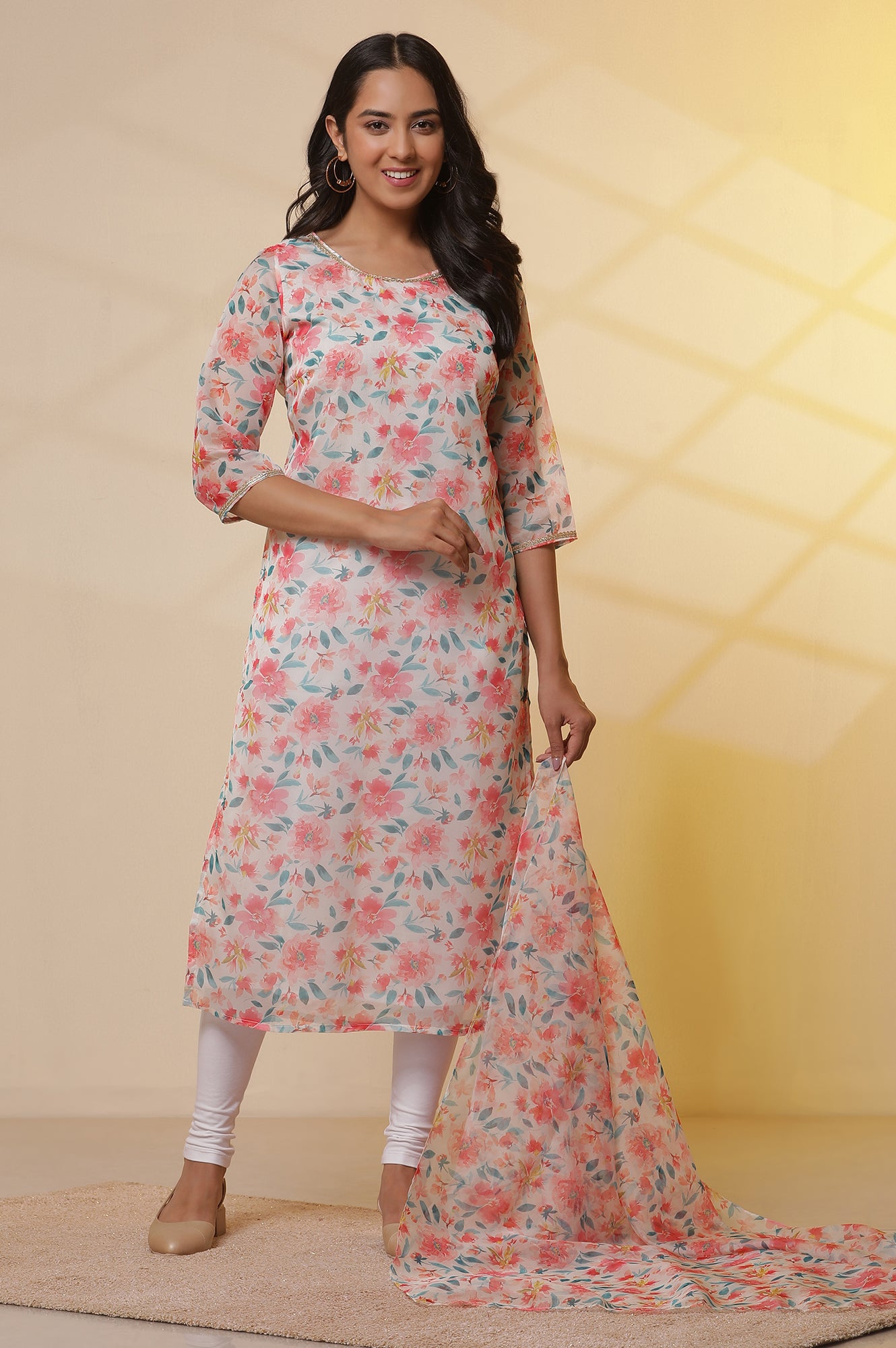 White Floral Printed Organza Kurta, Tights and Dupatta Set