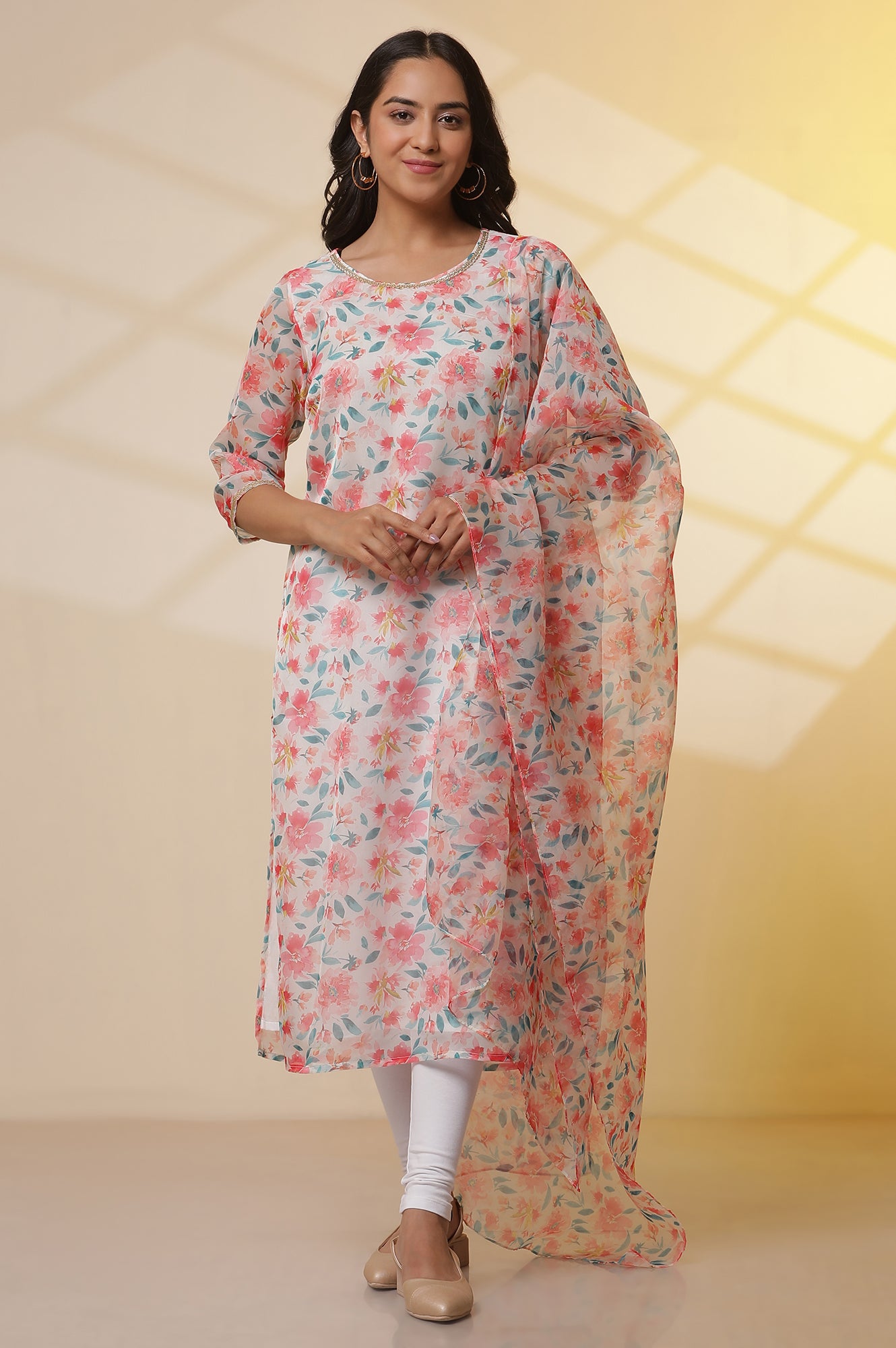 White Floral Printed Organza Kurta, Tights and Dupatta Set