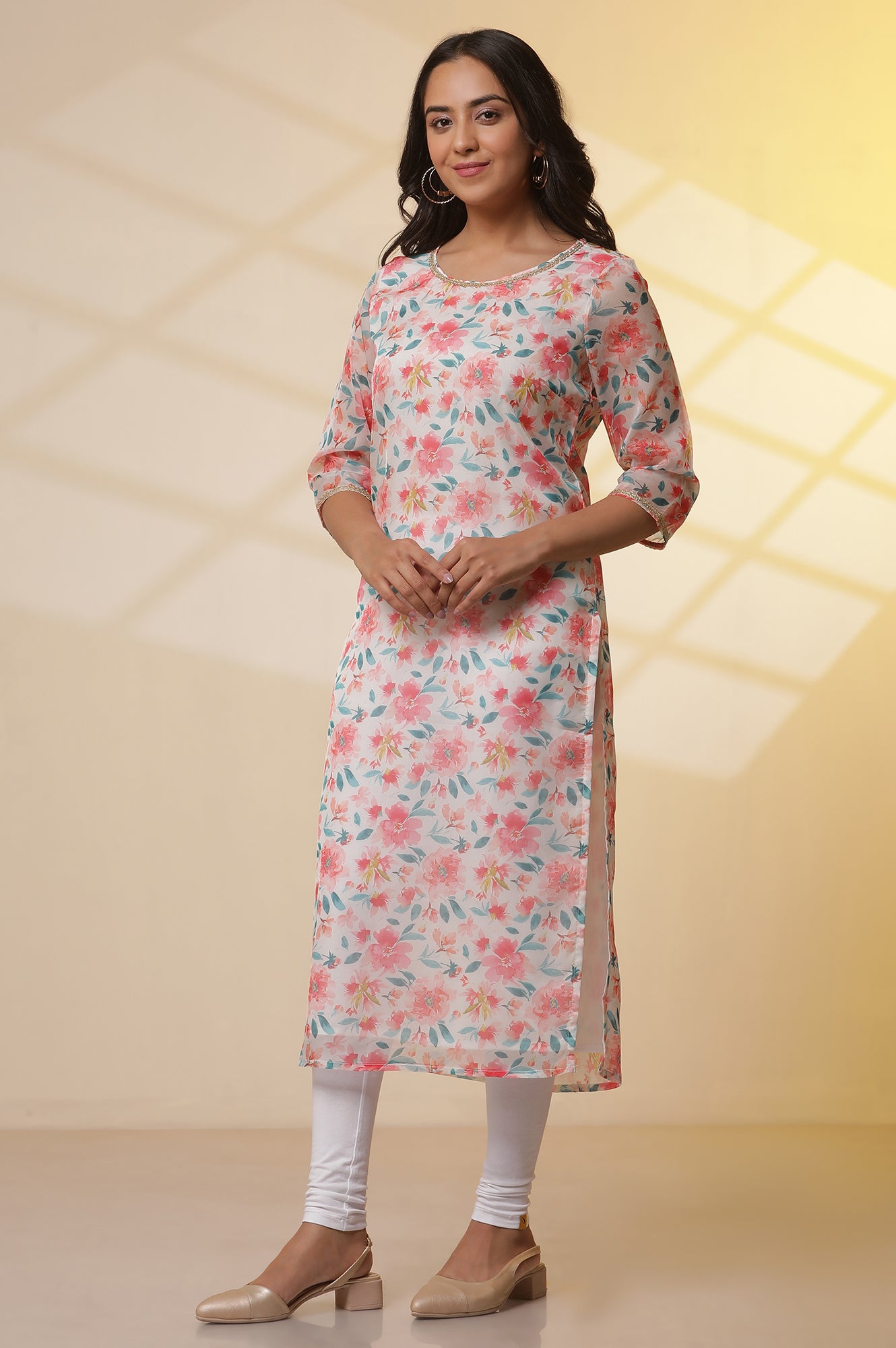 White Floral Printed Organza Kurta, Tights and Dupatta Set