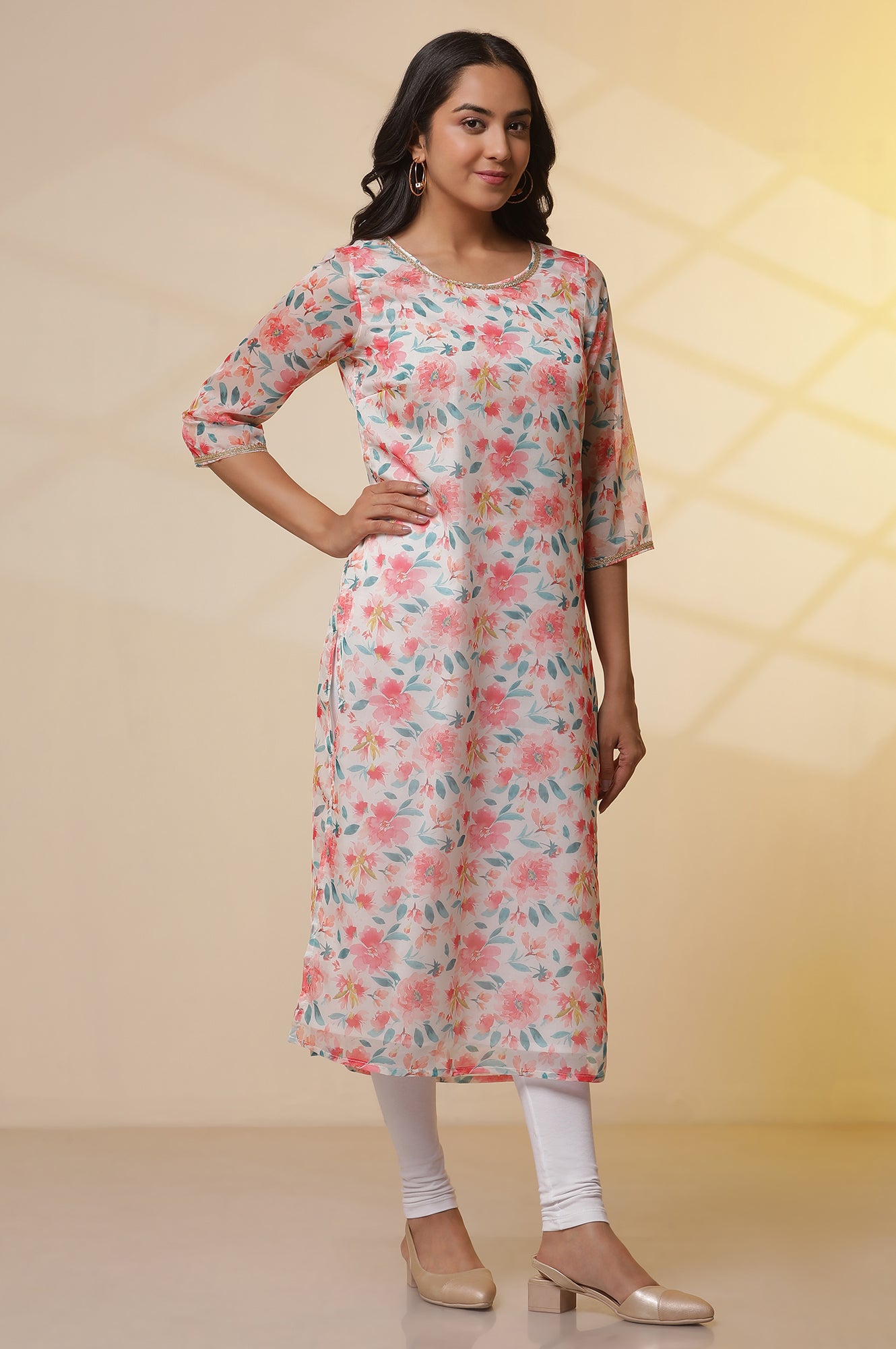 White Floral Printed Organza Kurta, Tights and Dupatta Set