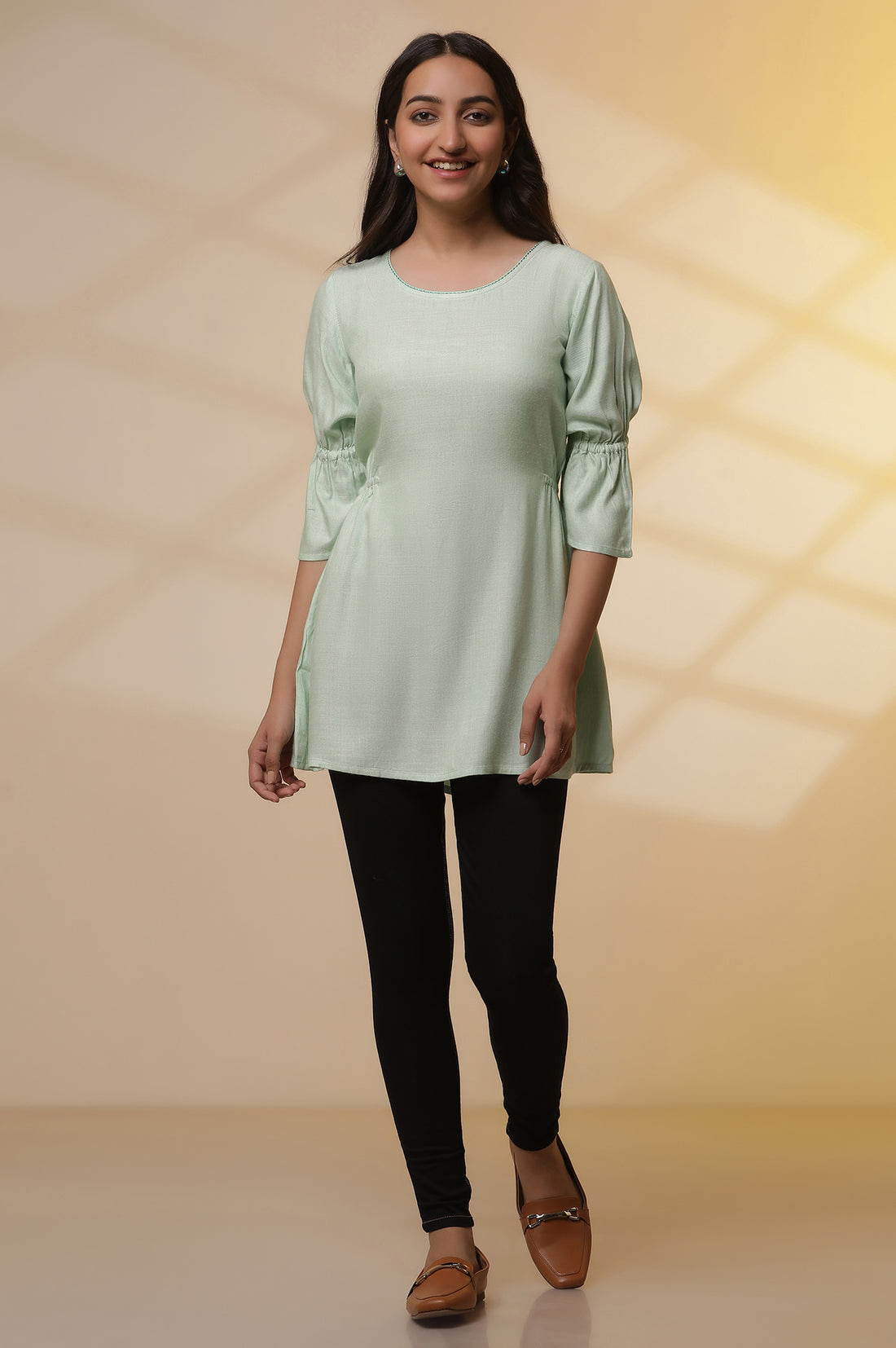 Green Thread Embroidered Kurti and Jeggings Set