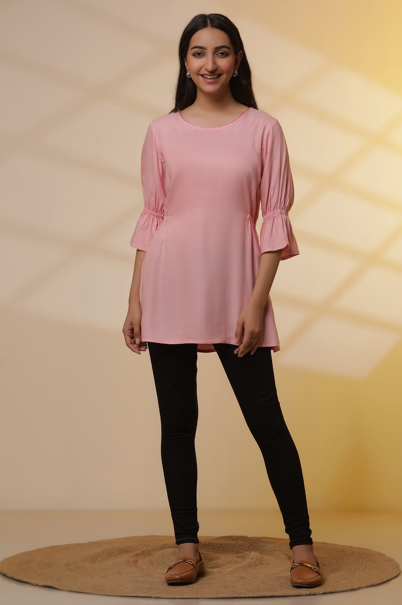 Pink Thread Embroidered Kurti and Jeggings Set