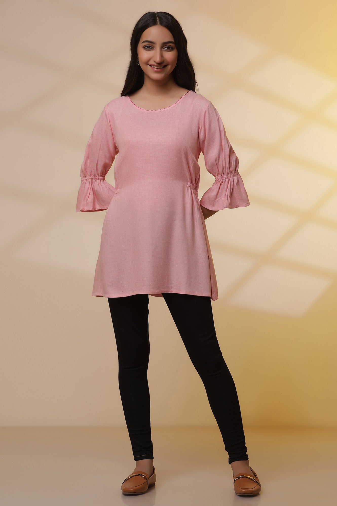 Pink Thread Embroidered Kurti and Jeggings Set