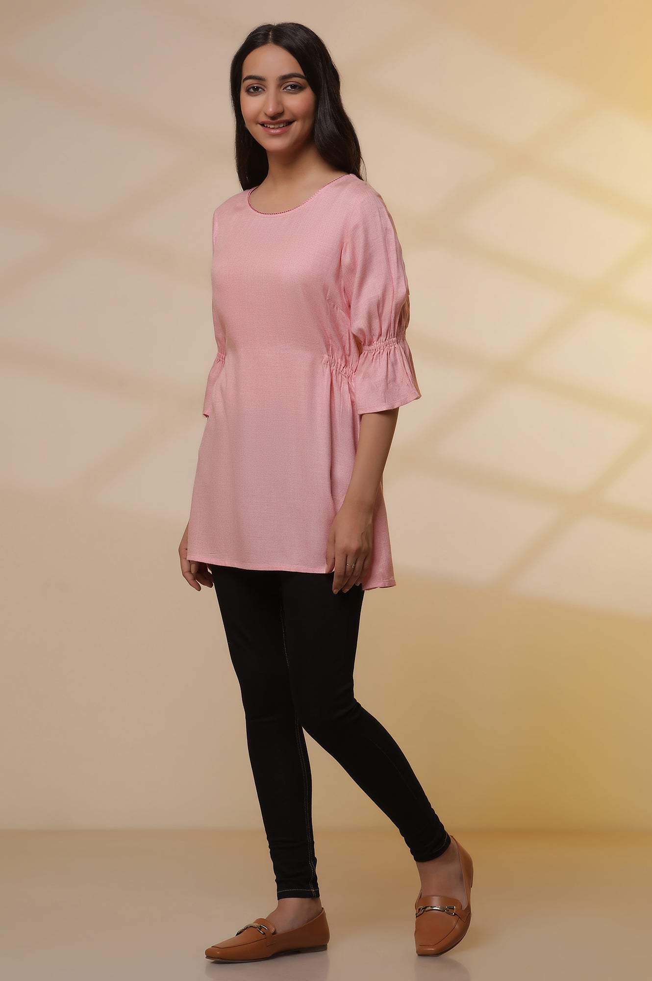 Pink Thread Embroidered Kurti and Jeggings Set