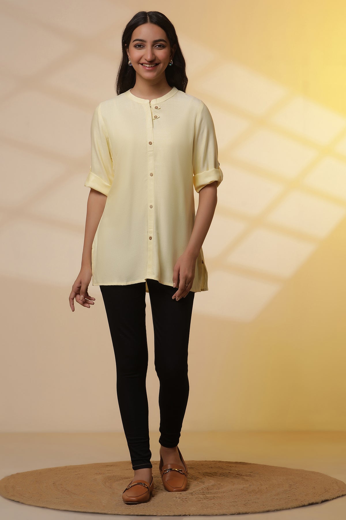 Yellow Yarn-Dyed Summer Top and Denim Jeggings Set - S