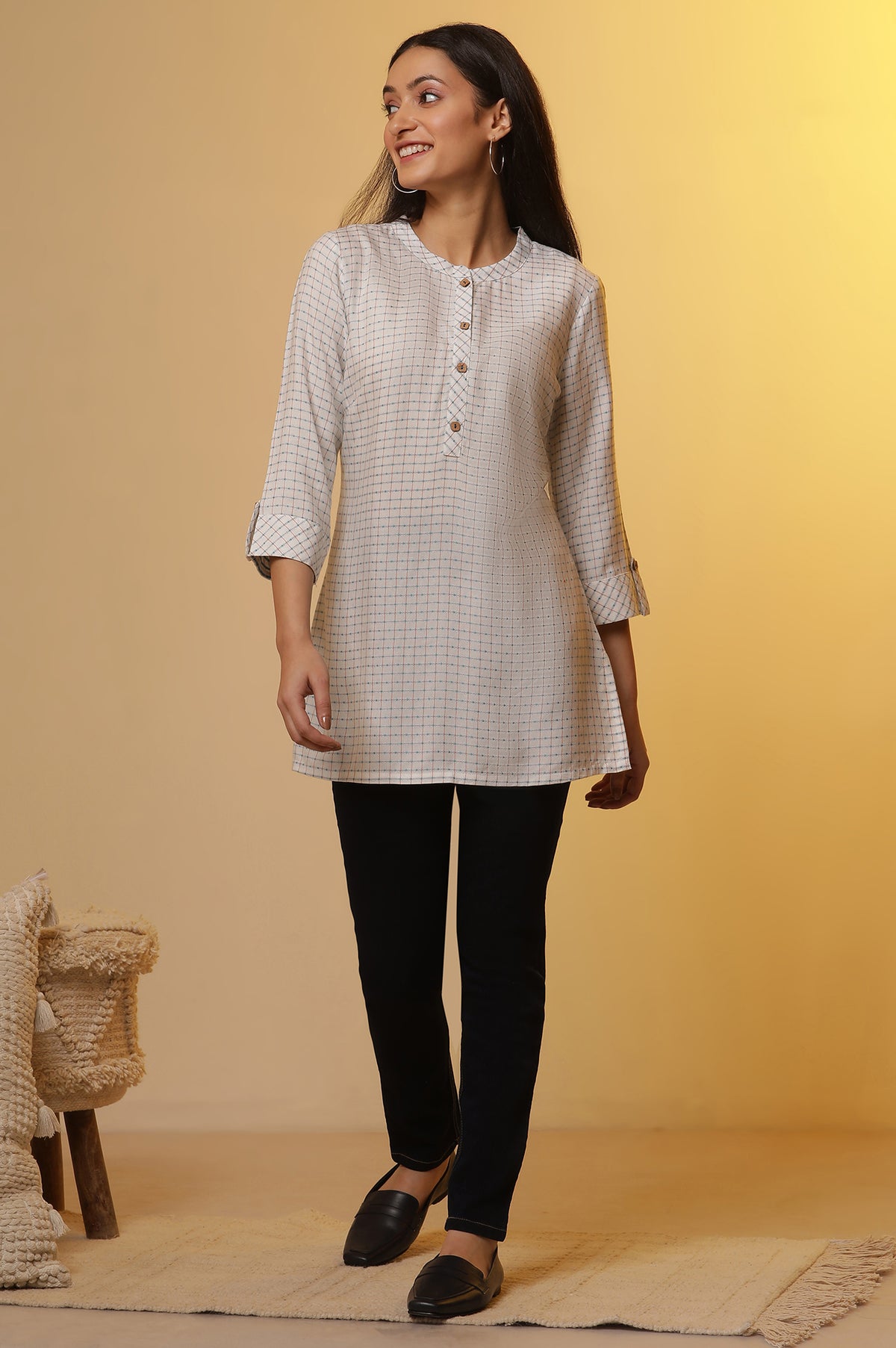 White Check Printed Yarn-Dyed Kurta and Denim Set - S